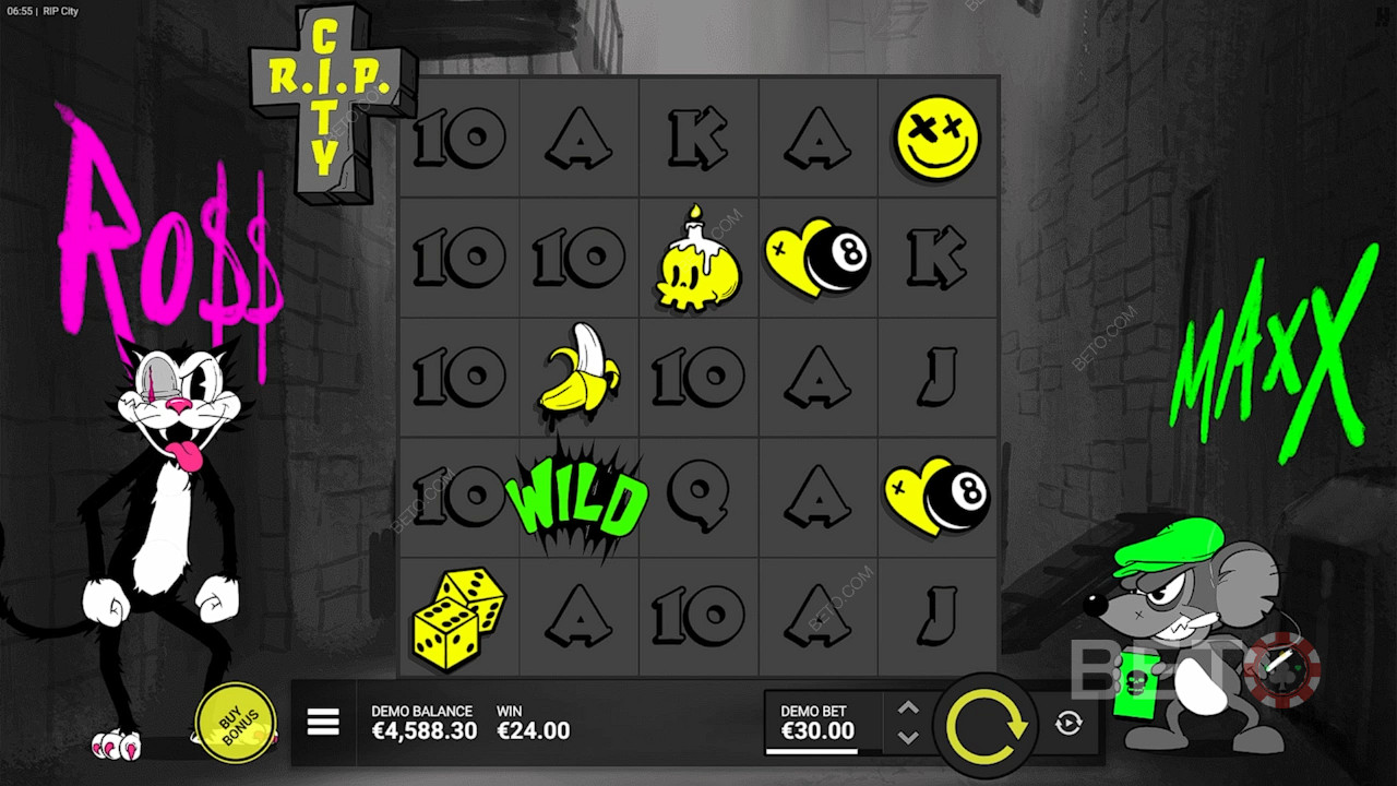 Ігровий автомат RIP City має унікальний вигляд завдяки обмеженому використанню кольорів