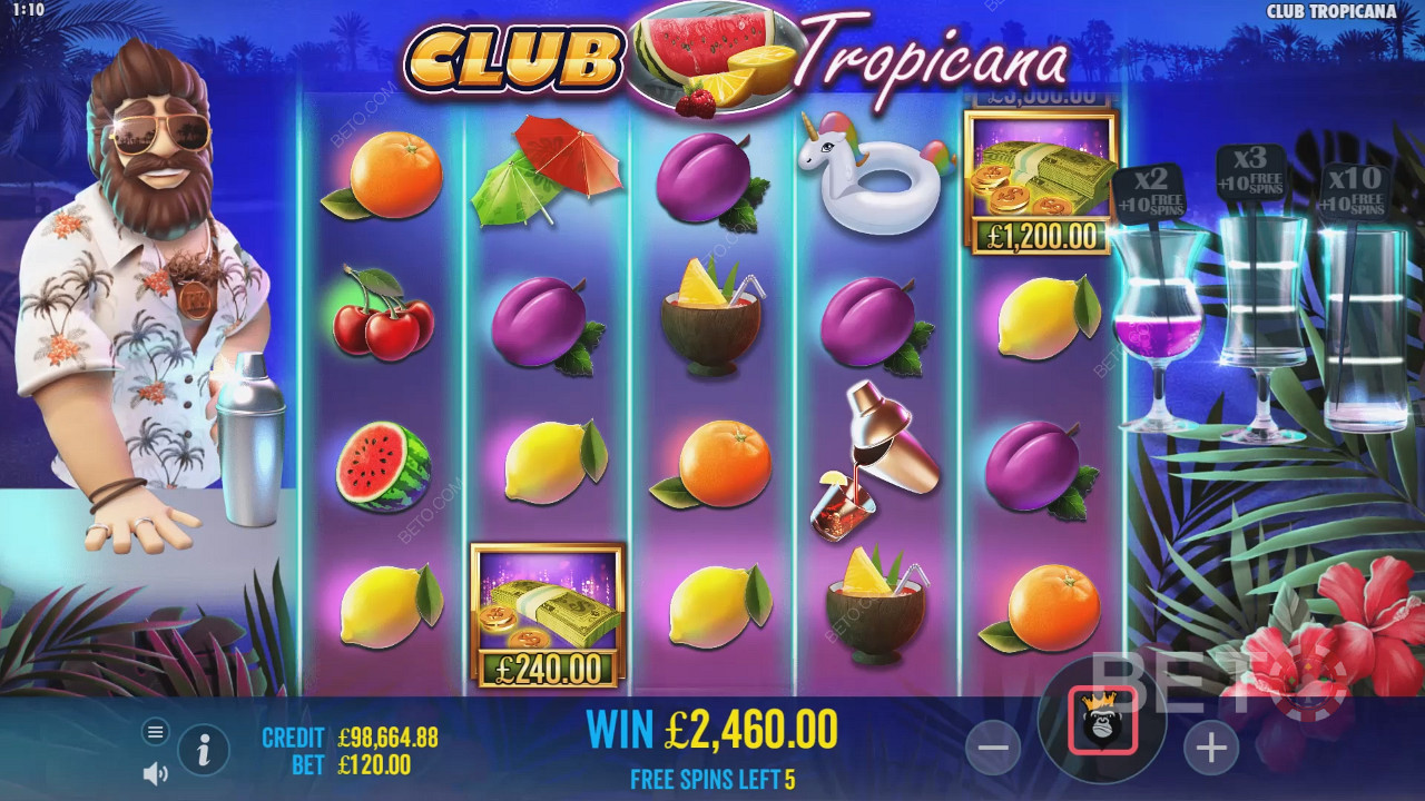 Отримайте можливість зібрати грошові символи під час безкоштовних обертань у слоті Club Tropicana