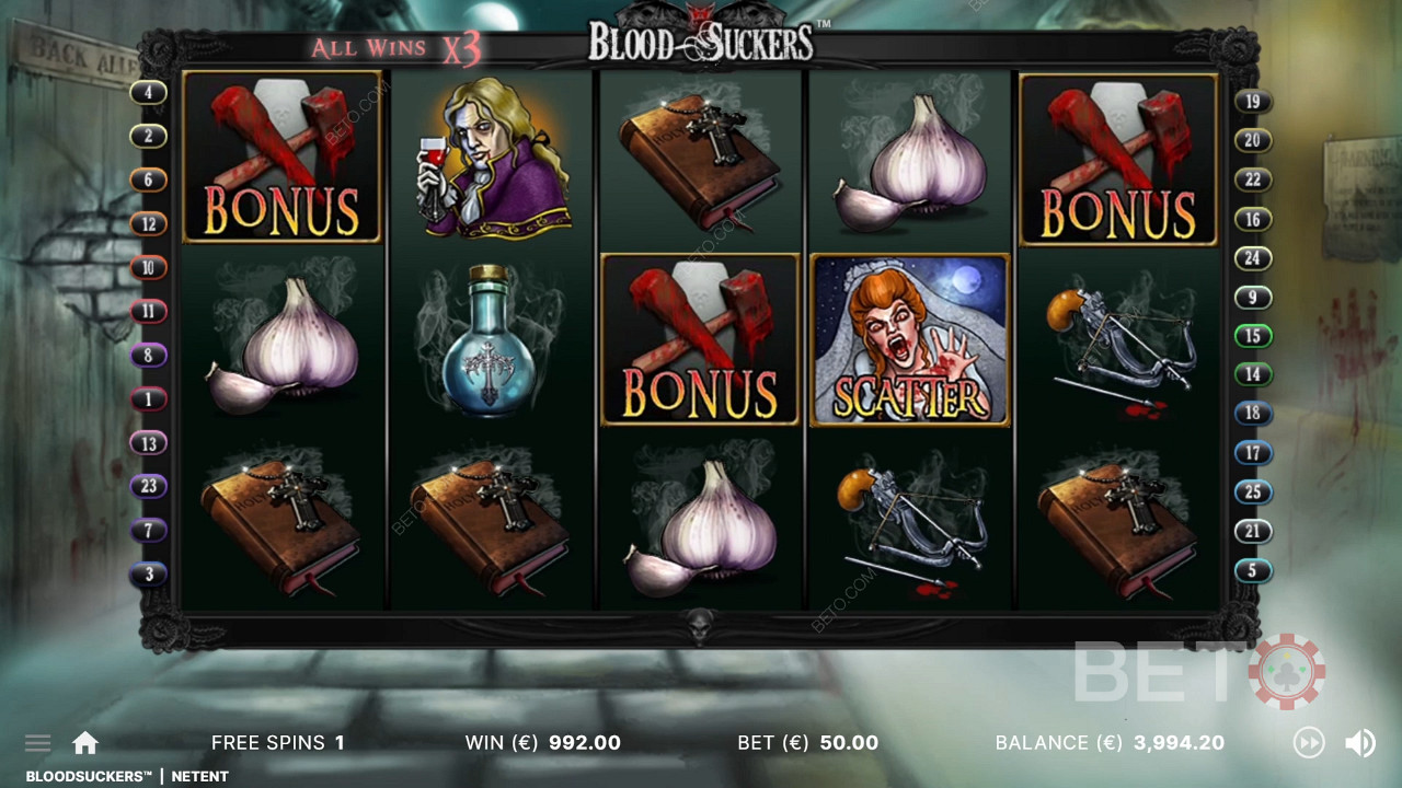 3 бонусні символи на правильних позиціях запускають бонусну гру в слоті Blood Suckers