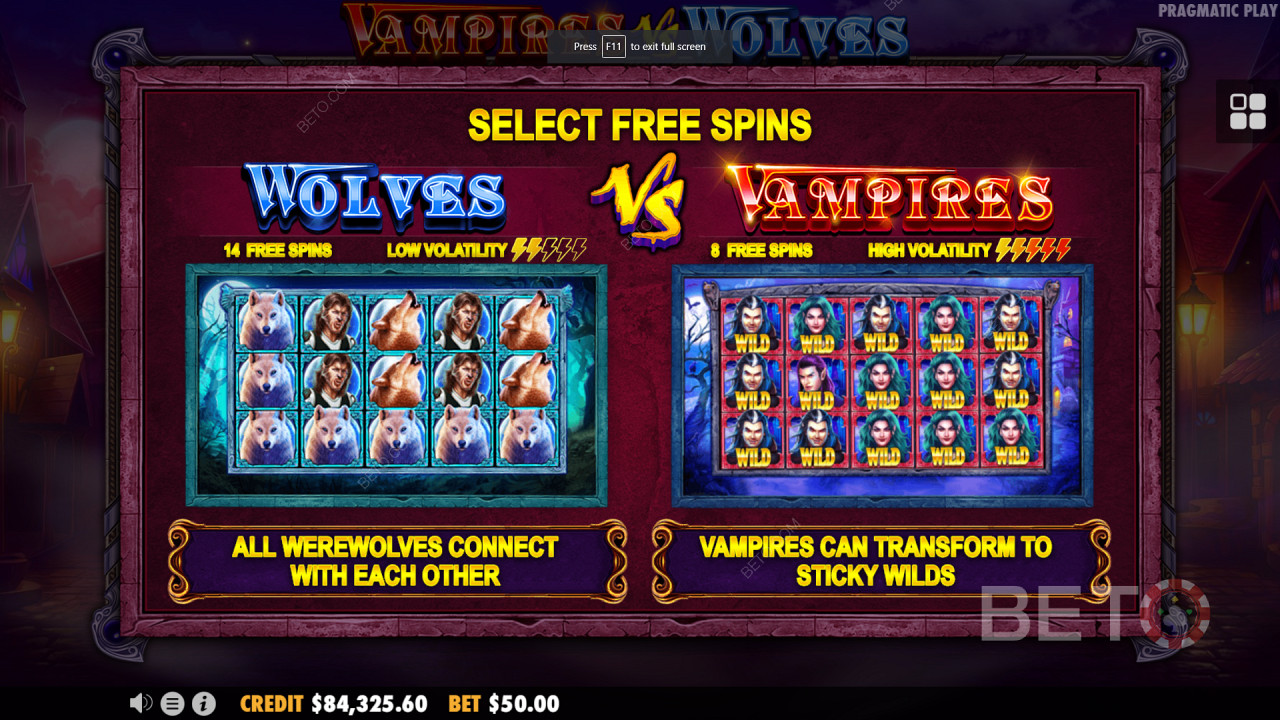 Подвійні бонусні раунди з безкоштовними обертаннями в Vampires vs Wolves