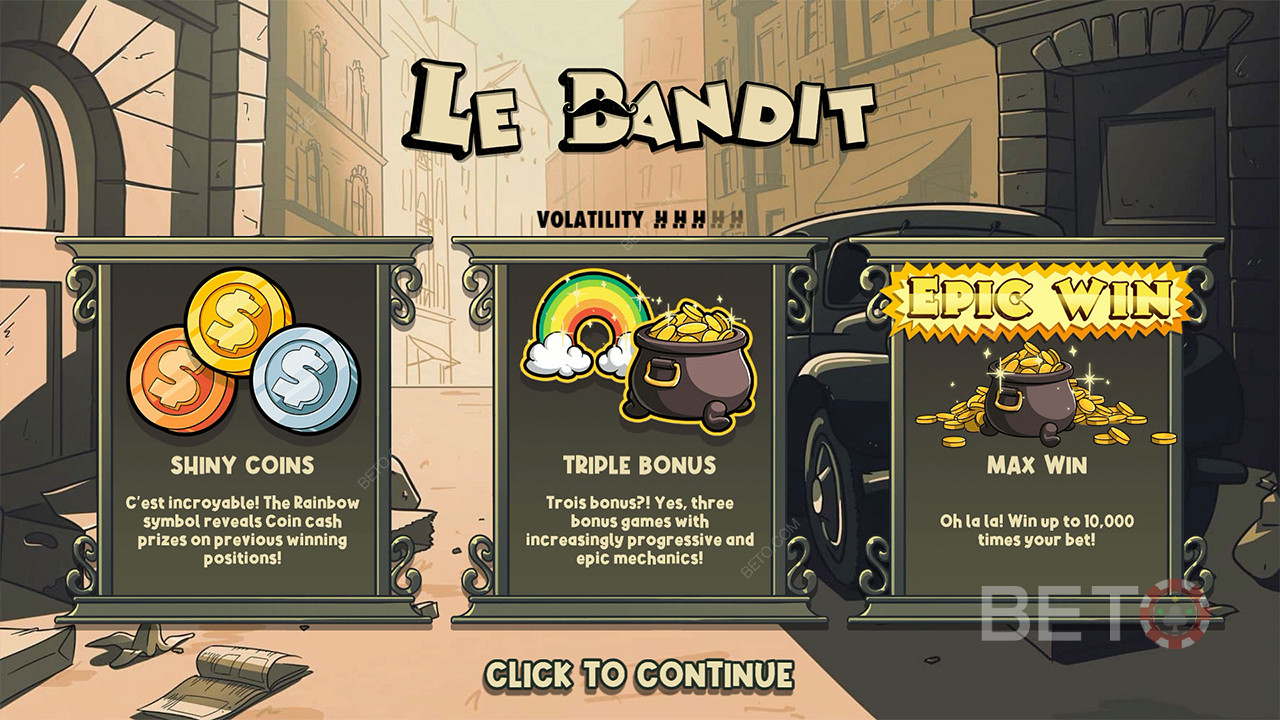 Три бонуси та грошові призи допоможуть вам виграти в 10 000 разів більше ставки в слоті Le Bandit