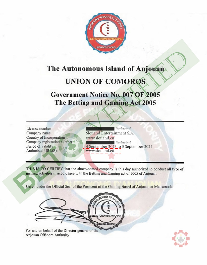Slotland має ліцензію Союзу Коморських островів, що підтверджено BETO