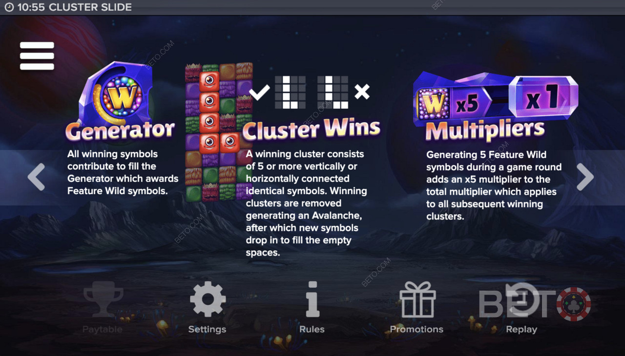 Генератор, кластерні перемоги та мультиплікатор у Cluster Slide