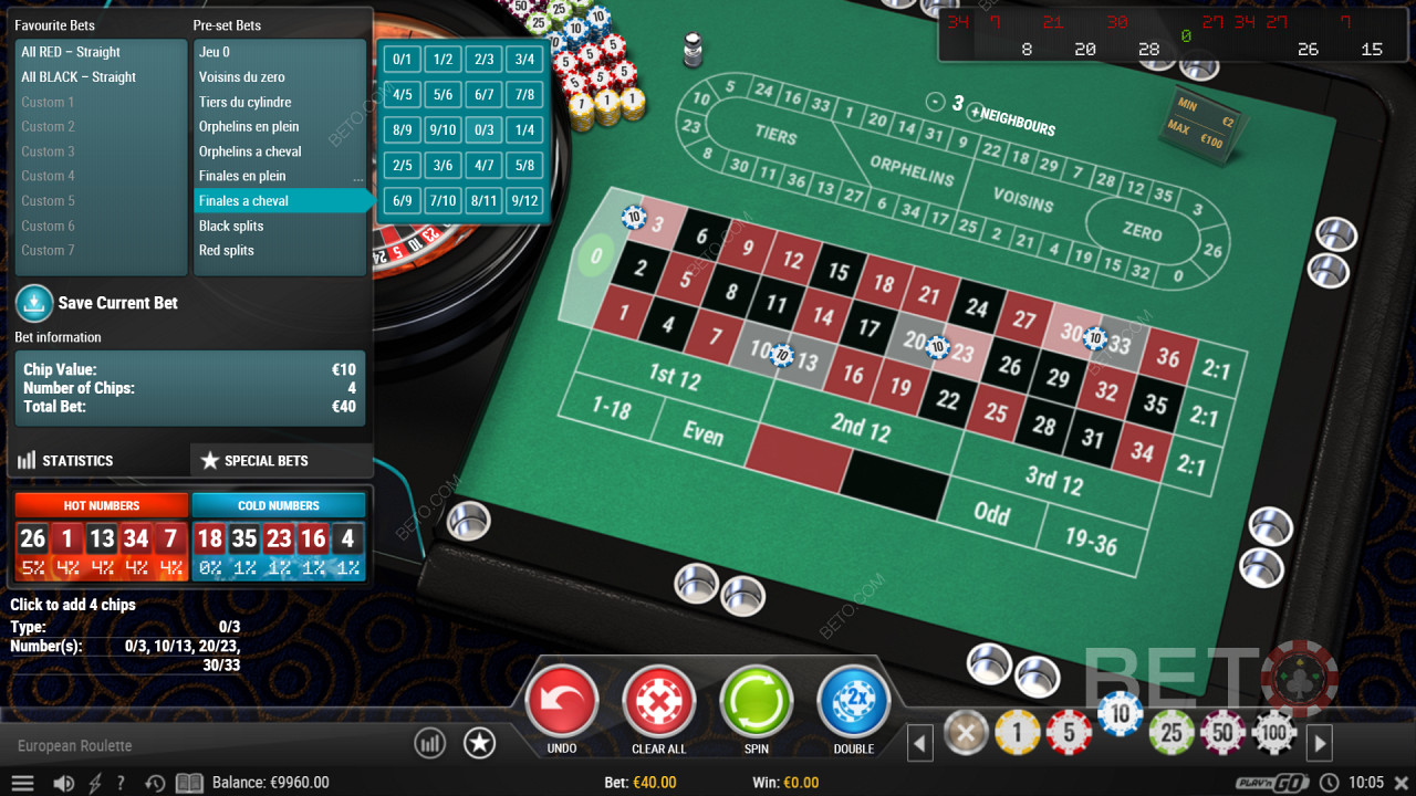 Спеціальні опції ставок у грі казино European Roulette Pro