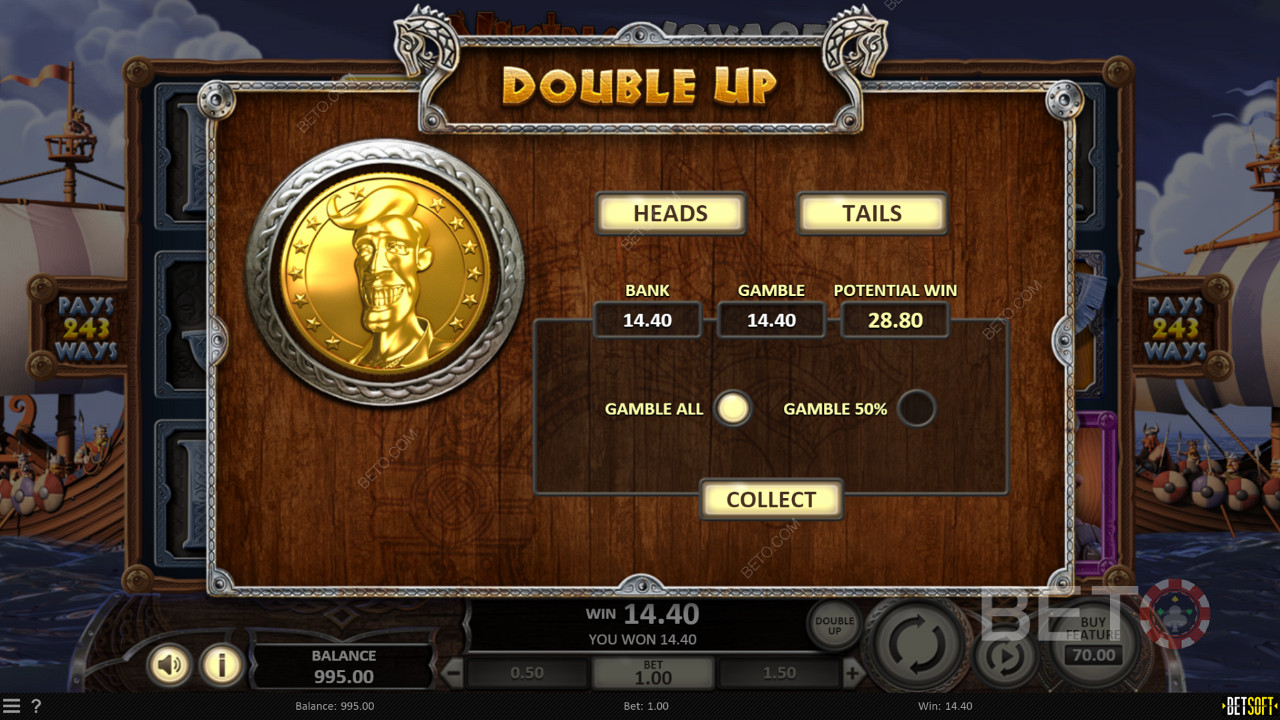 Спробуйте функцію Double Up, щоб подвоїти свої виграші в ігровому автоматі Viking Voyage