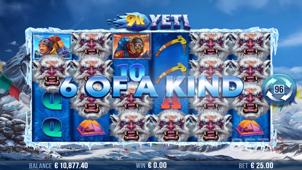 Зберіть комбінацію з шести однакових символів і вигравайте великі гроші в онлайн-слоті 9k Yeti