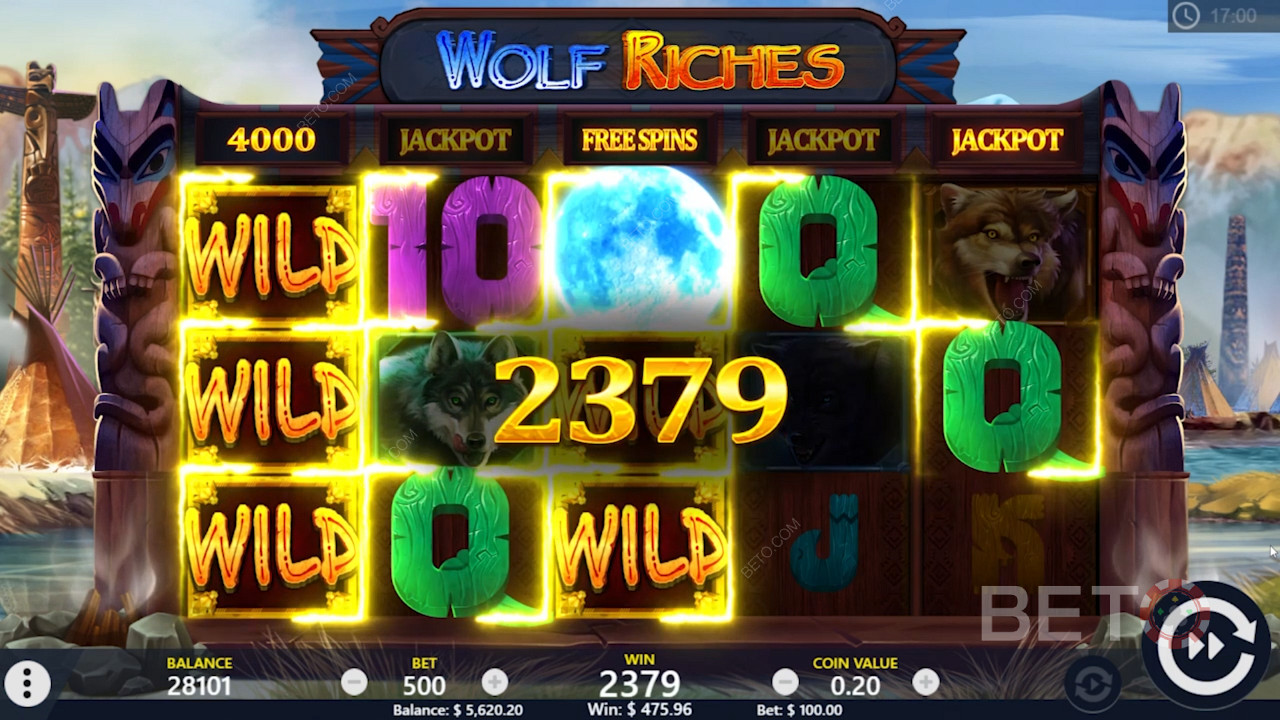Безкоштовні обертання та Wild виграш в онлайн-слоті Wolf Riches