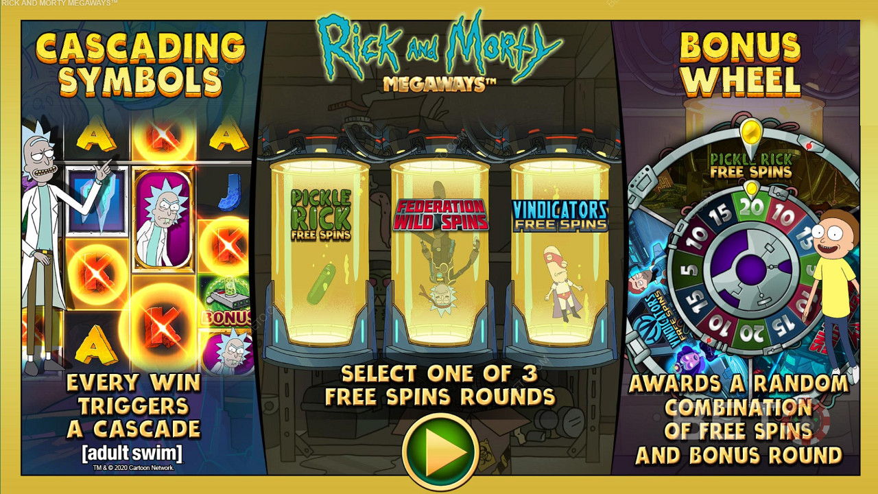 Насолоджуйтеся трьома різними типами безкоштовних обертань в ігровому автоматі Rick and Morty Megaways