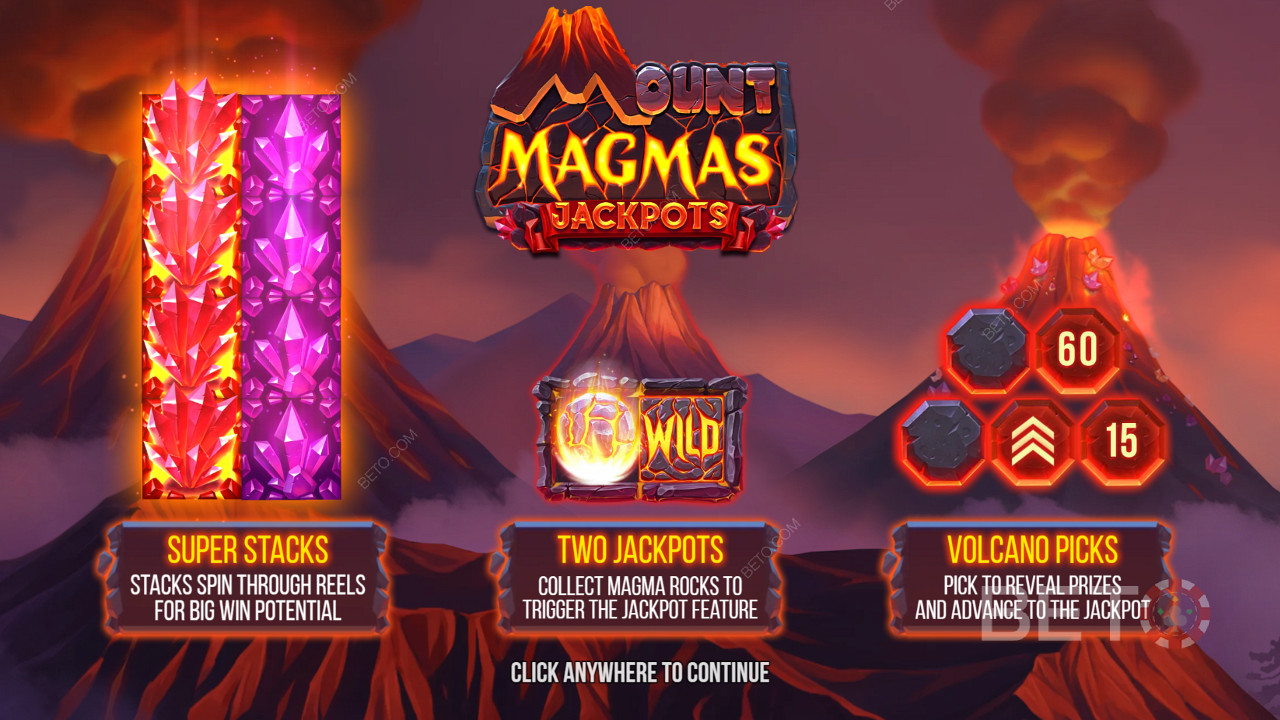Насолоджуйтеся суперстеками, 2 джекпотами та функцією "Вулкан Бонус" у слоті Mount Magmas