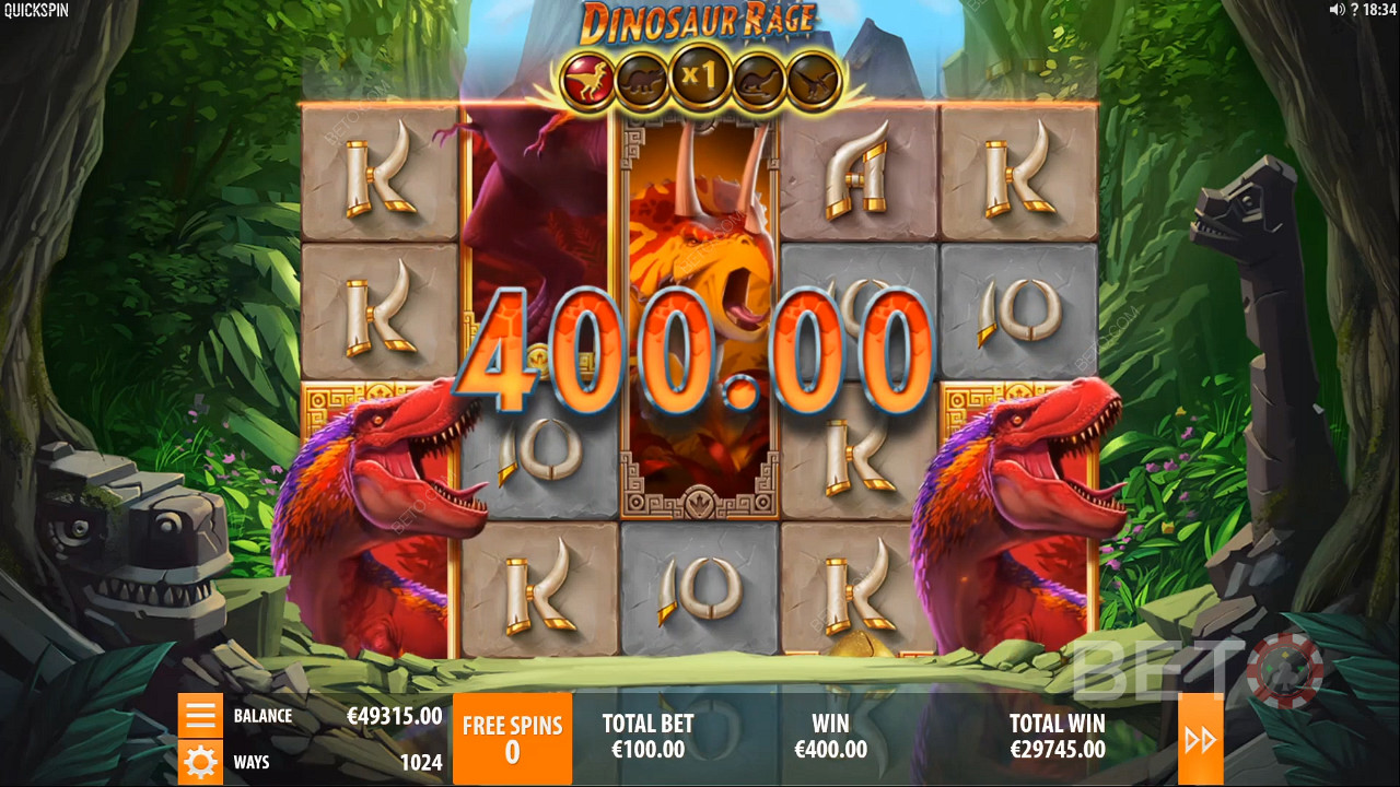 Отримання виграшу в розмірі 400 монет в ігровому автоматі Dinosaur Rage