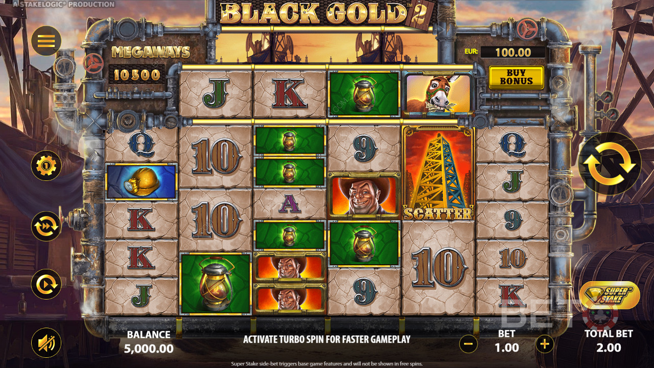 Зберіть 3 або більше однакових символів, щоб виграти в онлайн-слоті Black Gold 2 Megaways