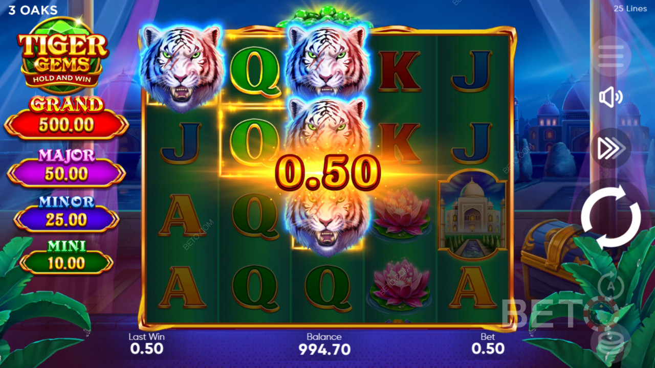Виграйте 1,560 разів більше вашої ставки в ігровому автоматі Tiger Gems!