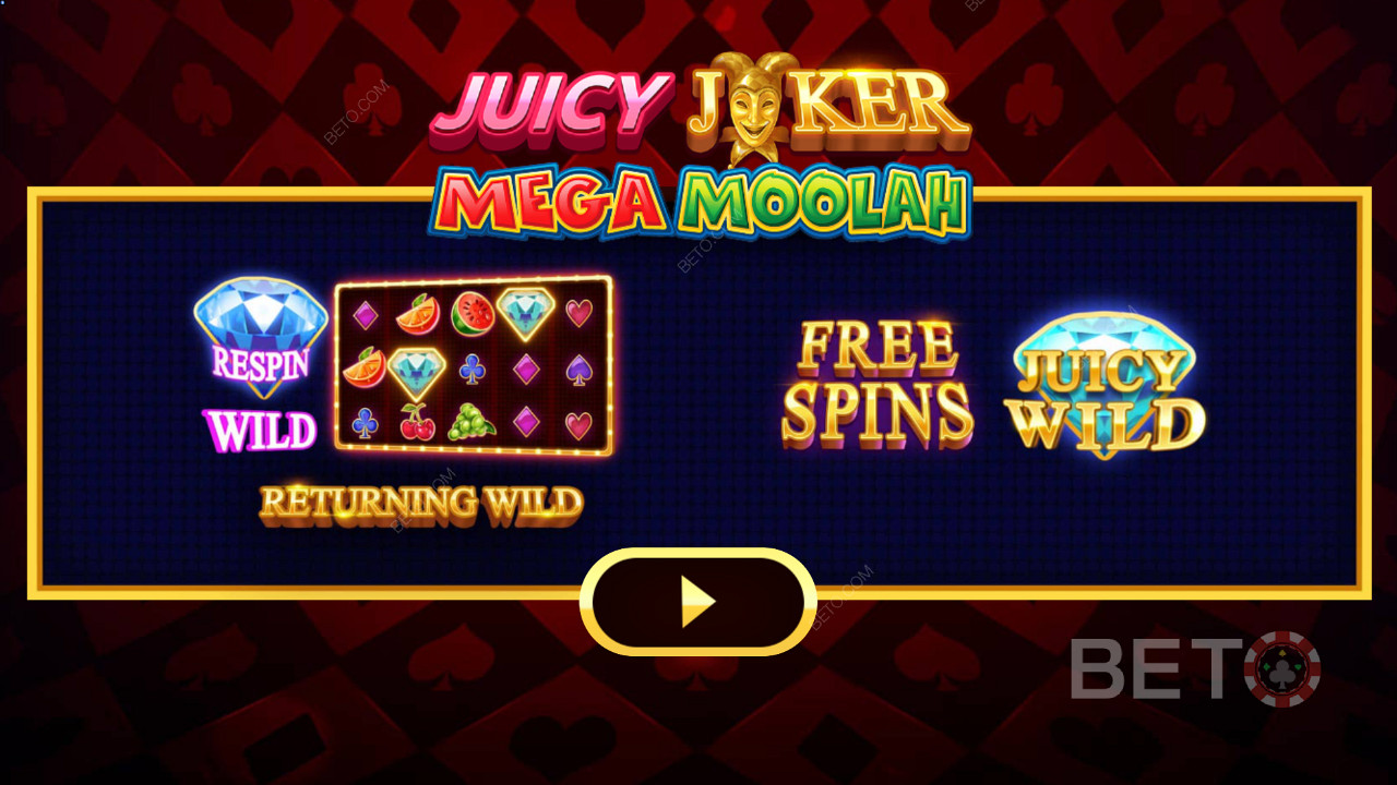 Juicy Joker Mega Moolahвступний екран з поясненням різних бустерів