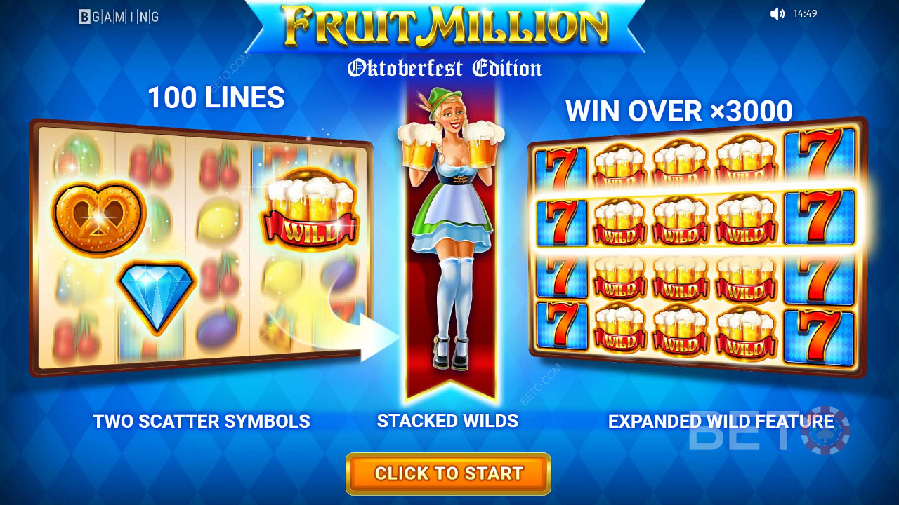 Грайте на слоті зі 100 лініями та вигравайте до 3000 разів більше вашої ставки в Fruit Million