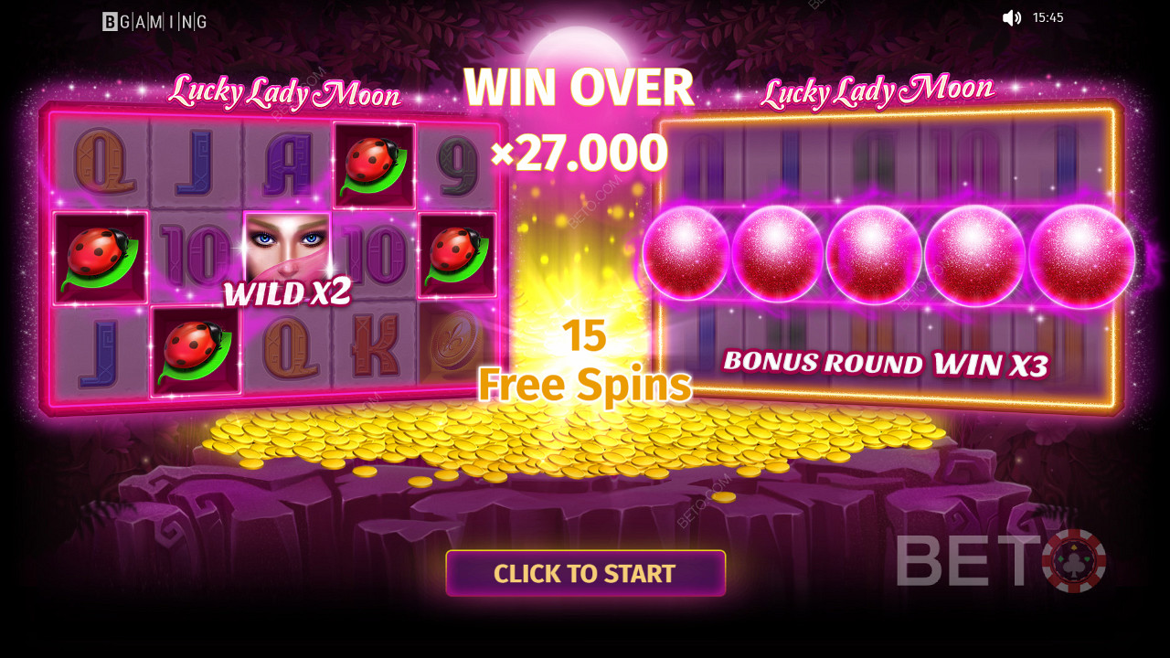 Продовжуйте грати, щоб виграти призи на суму до 27 000 разів більшу за ставку в слоті Lucky Lady Moon