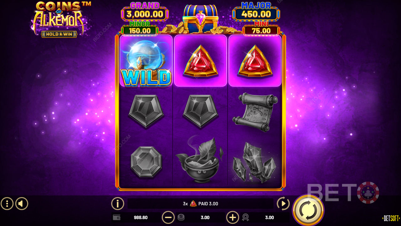 Пояснення бонусних функцій у грі Coins of Alkemor - Hold & Win від Betsoft
