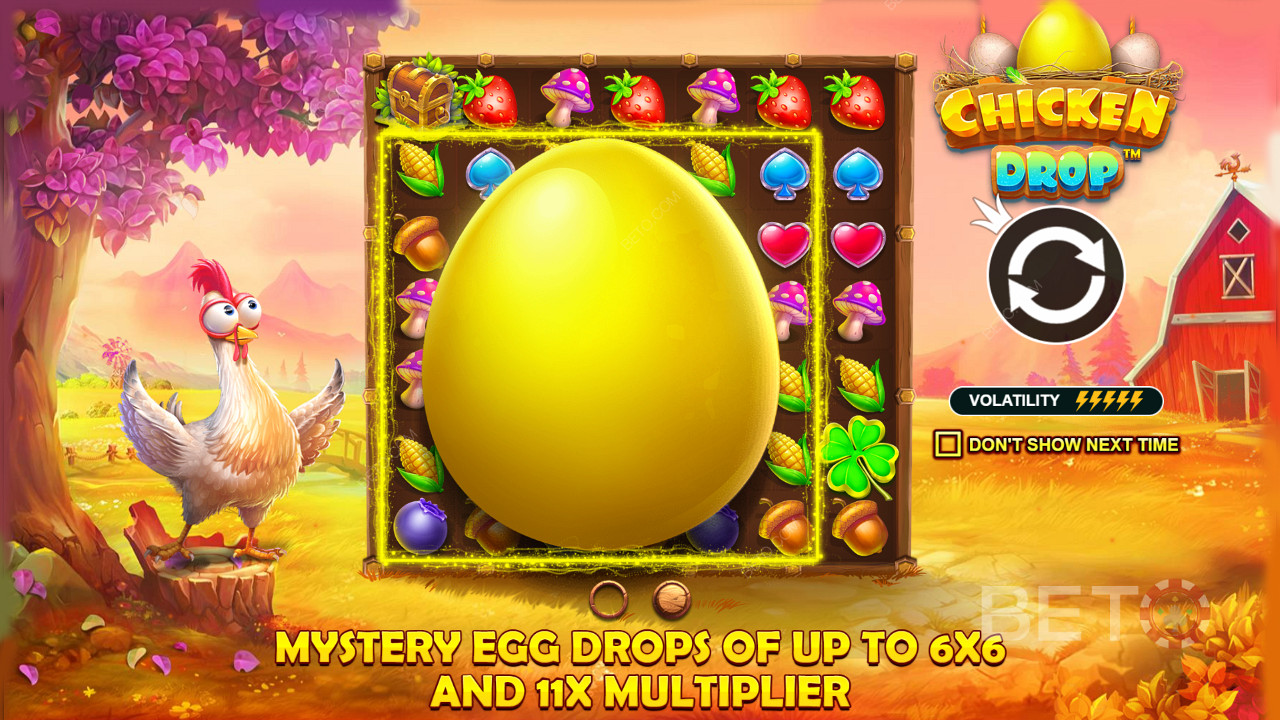 Насолоджуйтеся яєчними краплями з мультиплікаторами та великими розмірами в онлайн-слоті Chicken Drop