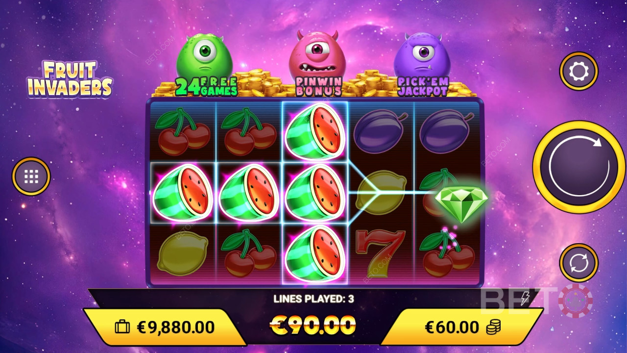 Виграйте 1 200 разів більше вашої ставки в онлайн-слоті Fruit Invaders!