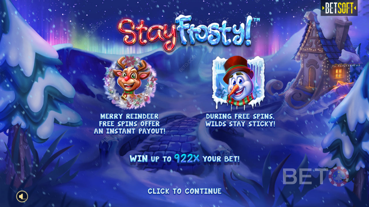 Вступний екран в Stay Frosty! Безкоштовні обертання Merry Reindeer та максимальний виграш у 922 рази більше вашої ставки!