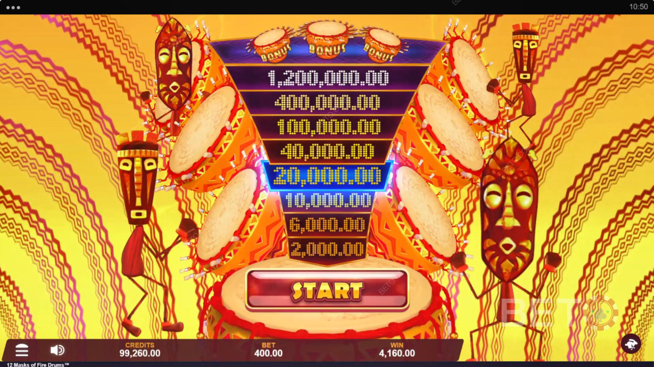 Виграйте у 3,125 разів більше вашої ставки в ігровому автоматі 12 Masks of Fire Drums!