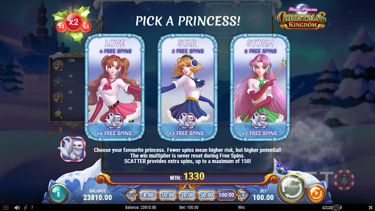 Спеціальний раунд безкоштовних обертань у різдвяному королівстві Moon Princess