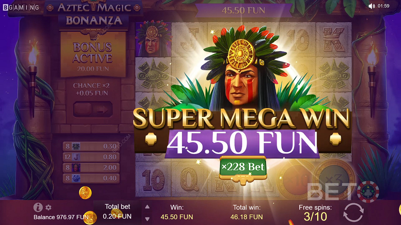 Отримуйте великі виграші у функції безкоштовних обертань в ігровому автоматі Aztec Magic Bonanza