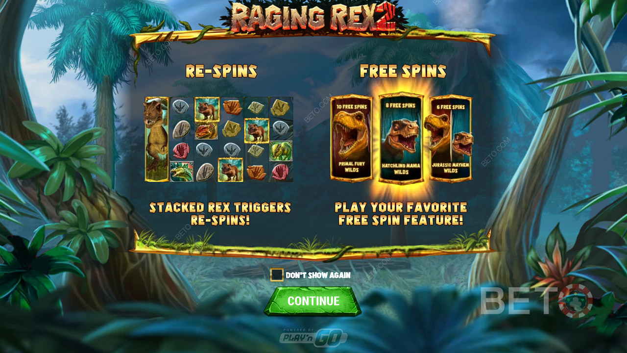 Насолоджуйтеся респінами та 3 видами безкоштовних обертань у слоті Raging Rex 2