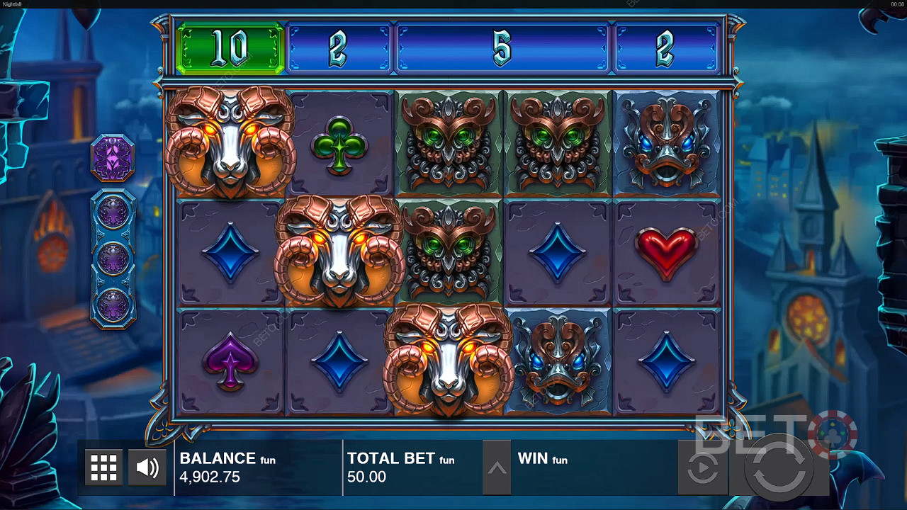 Висаджуйте відповідні символи зліва направо, щоб отримати виграш в ігровому автоматі Nightfall