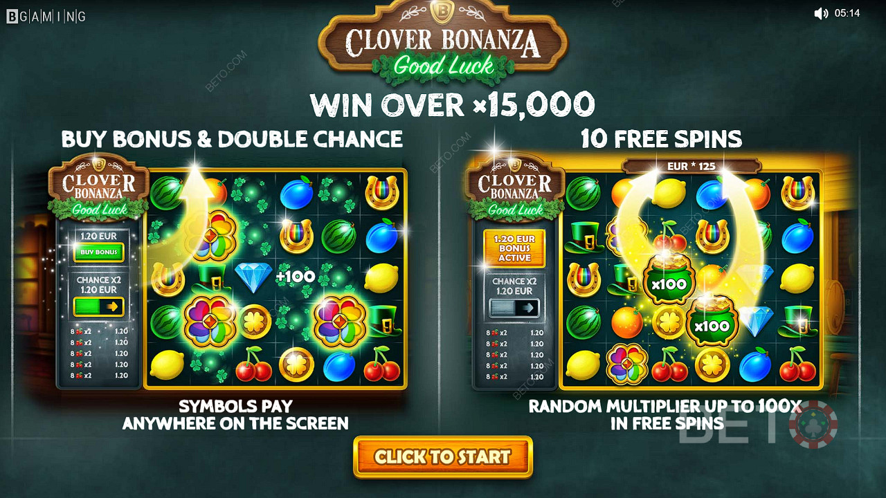 Насолоджуйтеся бонусом за покупку, подвійним шансом і безкоштовними обертаннями в ігровому автоматі Clover Bonanza