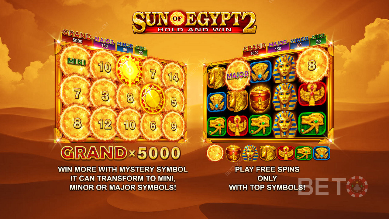 Насолоджуйтеся джекпотами до 5 000 разів більше вашої ставки та безкоштовними обертаннями в слоті Sun of Egypt 2