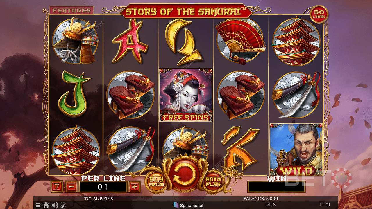 Ви можете натиснути кнопку "Купити", щоб купити безкоштовні обертання в ігровому автоматі Story of The Samurai