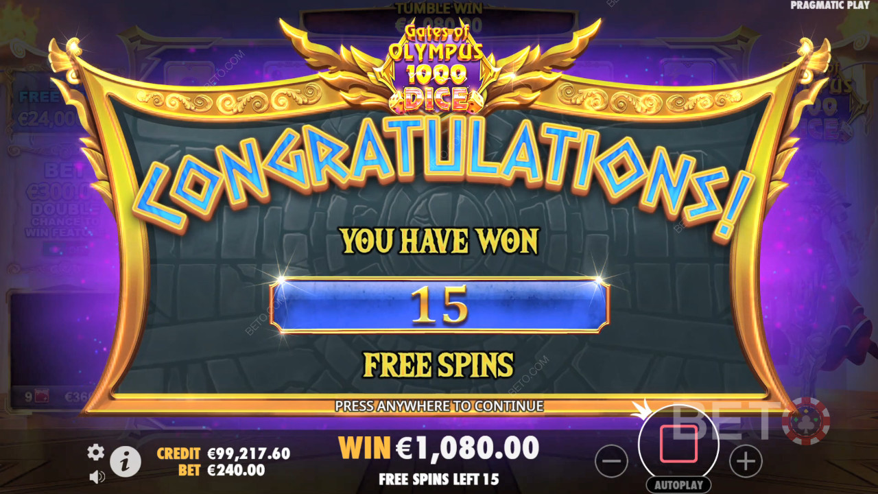 Виграйте 15 000 разів більше вашої ставки в слоті Gates of Olympus 1000 Dice Slot!