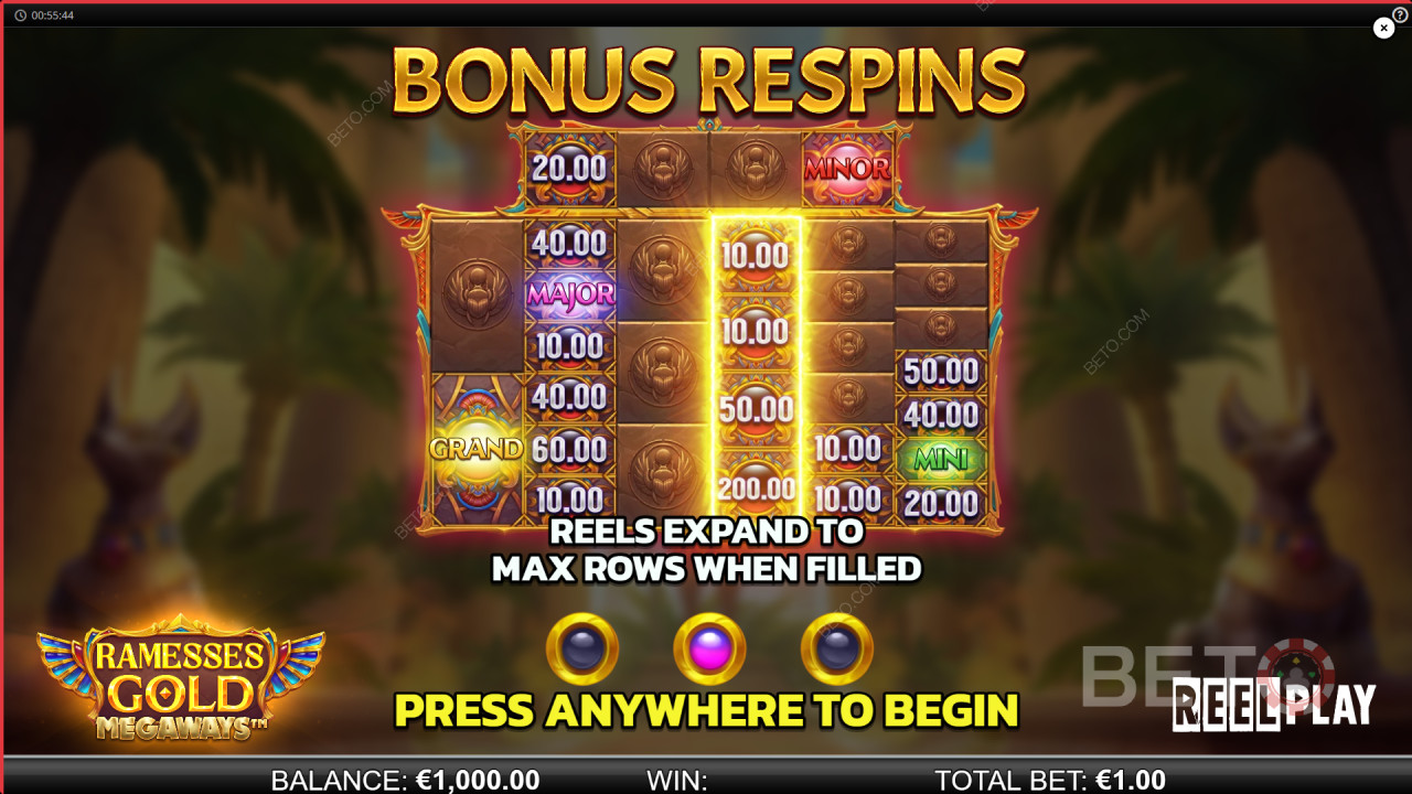 Пояснення бонусних можливостей у Ramesses Gold Megaways від Reel Play
