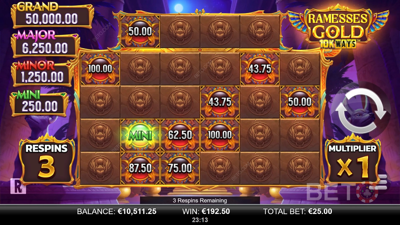 Виграйте 9,065 разів більше вашої ставки в ігровому автоматі Ramesses Gold 10K Ways!