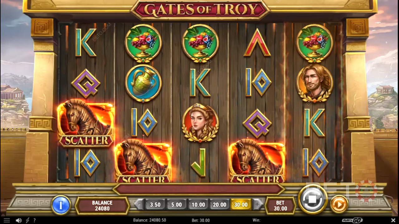 3 або більше скатерів дарують безкоштовні обертання в грі казино Gates of Troy