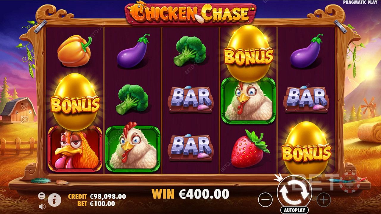 Виграйте 210 разів більше вашої ставки в ігровому автоматі Chicken Chase!