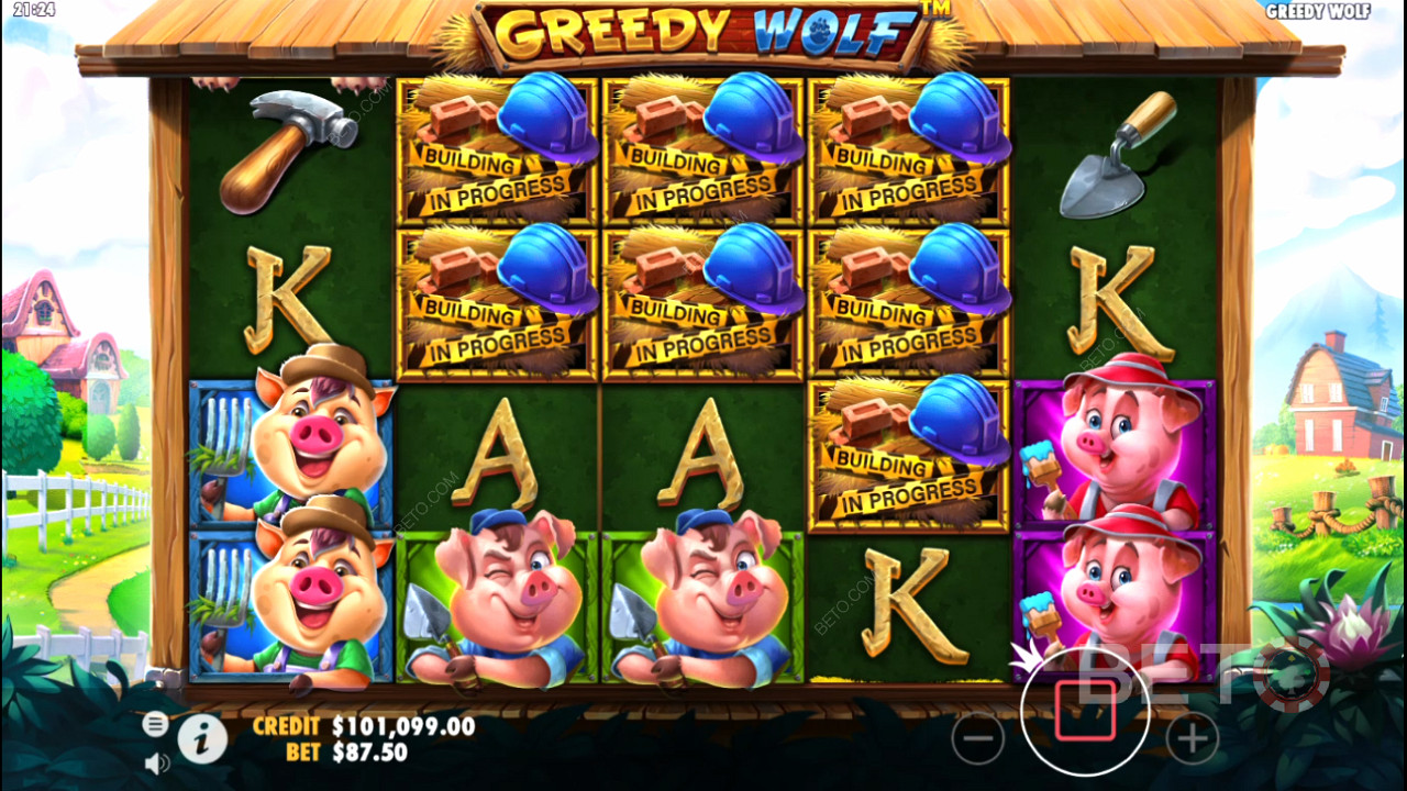 6 і більше Скаттерів запускають безкоштовні обертання в ігровому автоматі Greedy Wolf