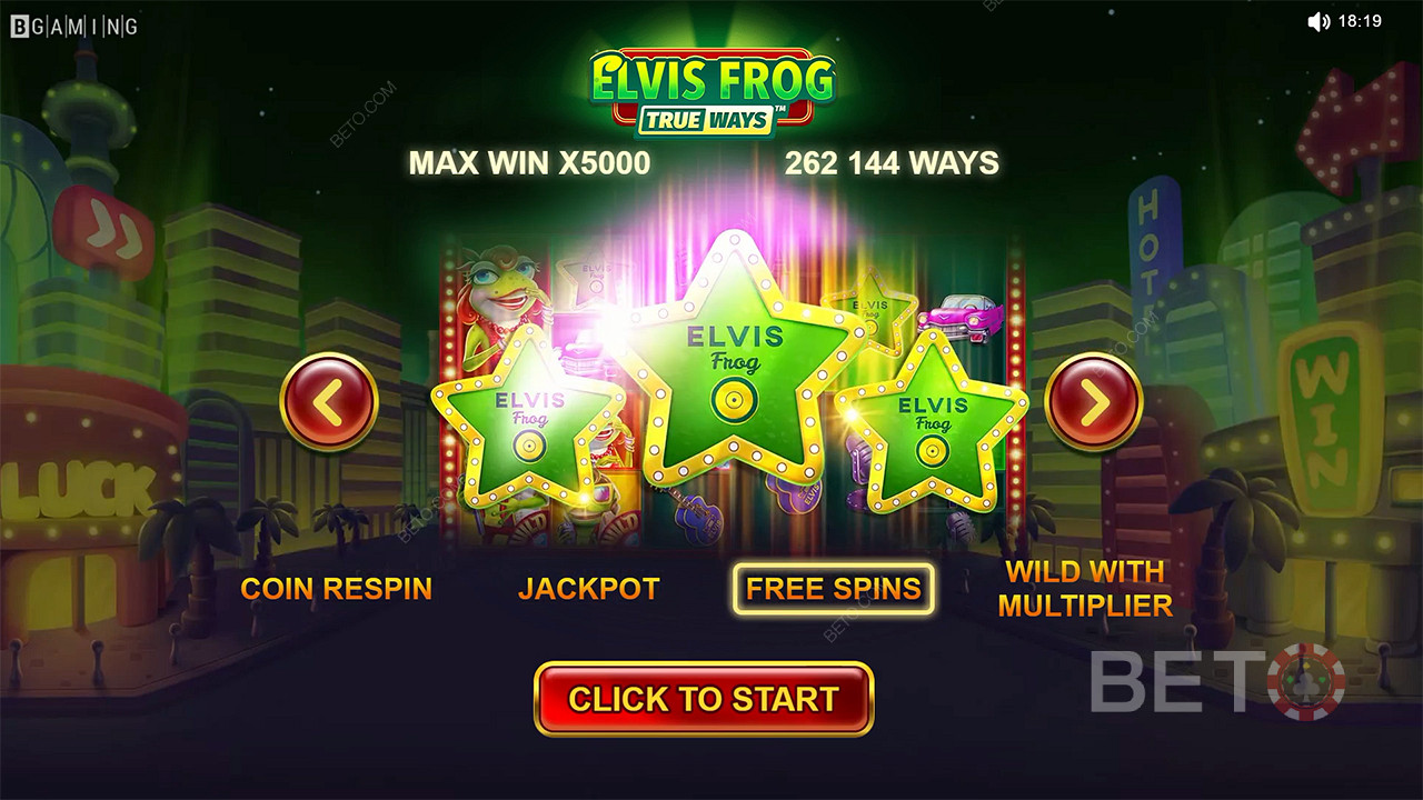 У слоті Elvis Frog TrueWays доступні безкоштовні обертання, мультиплікаційні дикі символи та інші функції