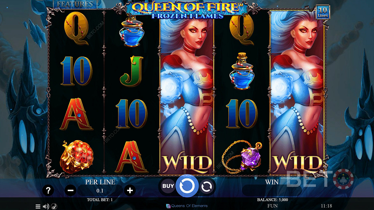 Насолоджуйтеся розширюваними дикими символами в базовій грі в слоті Queen of Fire - Frozen Flames